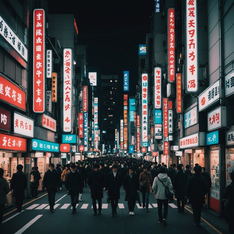 Imagine drifting through a neon splashed tokyo where traditional meets the overwhelming digital age. The music captures the essence of a bustling city that never sleeps, blending the familiar with the mystically unfamiliar, reflecting the unending rhythm of this metropolitan giant.