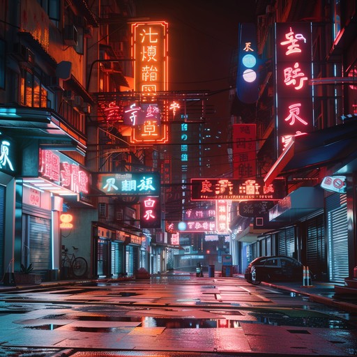 Captures the essence of a vibrant city with nostalgic synthwave beats, under neon lit skyscrapers and bustling streets.