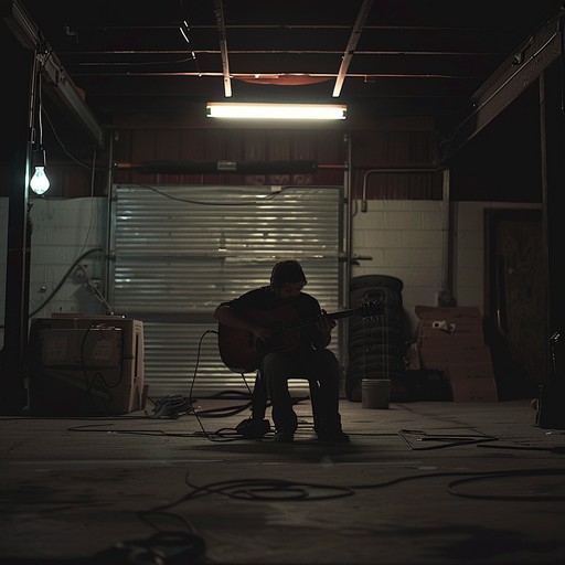 A solitary guitar strums melancholic notes that echo through an empty garage, creating an introspective mood. The raw, unpolished sound reflects the stillness of the night and the loneliness of solitary reflection.