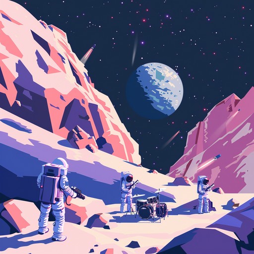 Dive into a space rock odyssey with soaring orchestral instruments and electrifying guitar riffs, creating a grand and invigorating musical journey.