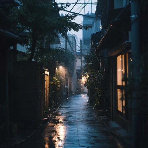 Delving deeper into the heart of a rainy metropolis, this alternative version focuses on the serene moments found within the chaos of city life, using softer synthesizer tones to create a more contemplative mood.