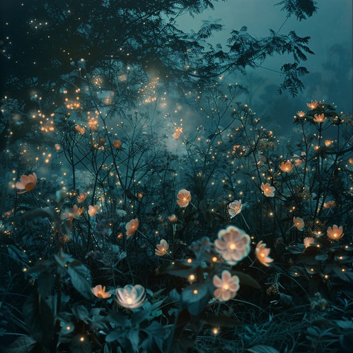 Gently surreal melodies float on the cool night breeze through a mystical garden glowing with soft luminescence, evoking a feeling of serene wonder and whimsical dreamy beauty.