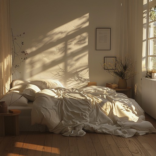 Gentle strums of an acoustic guitar and warm, ambient synths set the tone for a relaxing bedroom pop track. Picture the soft light of dawn bathing your room in a tranquil and cozy atmosphere.