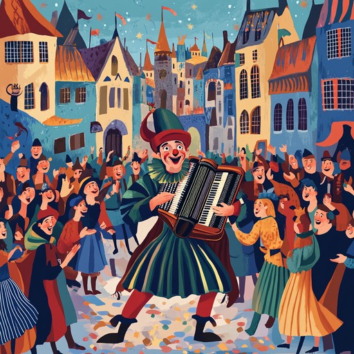 An upbeat and whimsical instrumental piece that transports the listener to a lively medieval festival, where jesters perform acrobatics, and the crowd dances joyfully to the cheerful melodies. The music features fast paced rhythms and playful motifs that evoke laughter and merriment.