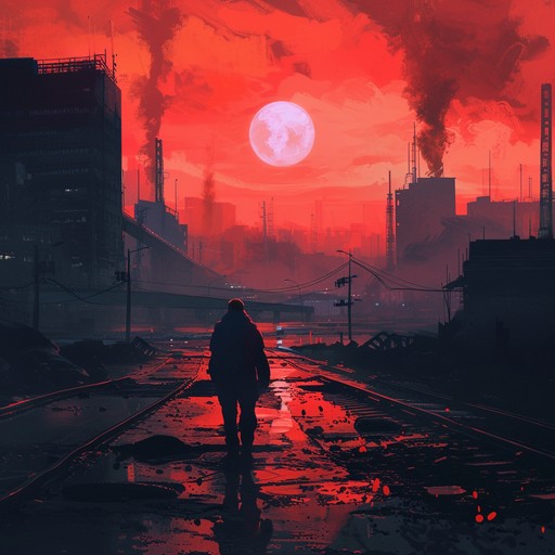 Imagine a desolate, neon-lit cityscape ravaged by war and pollution. The relentless, mechanical rhythm of industrial machinery echoes through the ruins, accompanied by distorted, heavily processed electric guitar riffs. Haunting synthesizer pads and glitchy electronic elements create an unsettling atmosphere, evoking a sense of despair and alienation in this post-apocalyptic world.