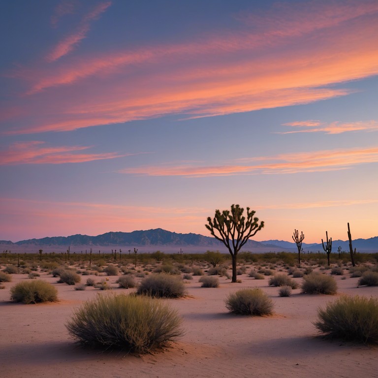 Imagine a soft guitar melody playing as the sun sets over a quiet desert, painting the sky in hues of orange and pink, while a light breeze whispers past, enhancing the calm and tranquil atmosphere.