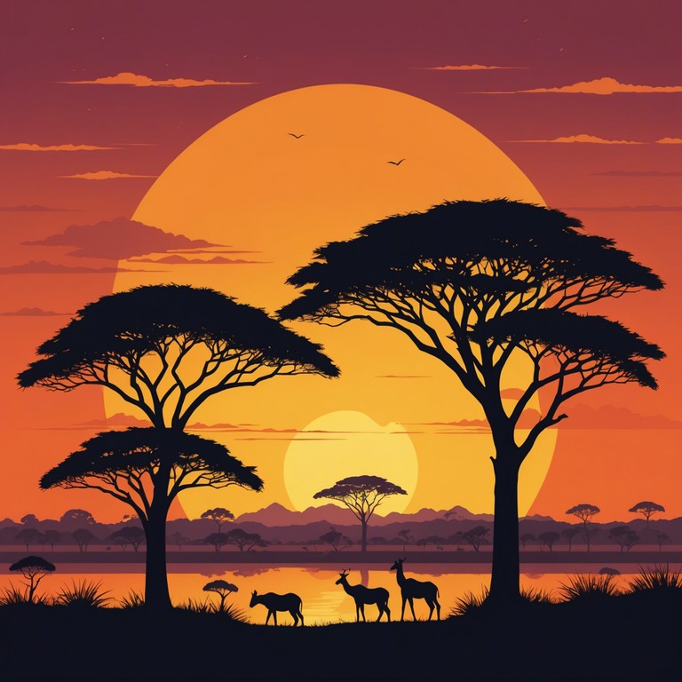 This track embodies a blend of traditional african rhythms with serene, soothing overtones, featuring intricate play of percussion aimed at providing a peaceful ambiance. The arrangement fosters a sense of calm and gentle reflection, capturing the essence of a placid sunset over the savannah.