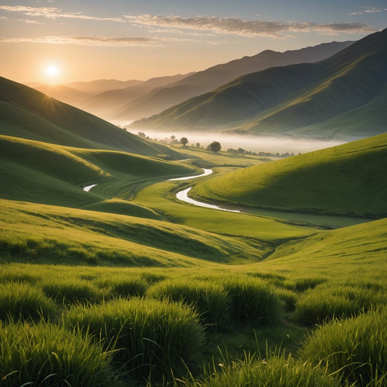 Echoes across the valley offers a deeper exploration into the pastoral serenity, where each string’s vibration echos the undisturbed peace of a distant, lush valley bathed in golden morning light. As the piece progresses, it builds a narrative of tranquility, evoking the spirit of a rejuvenating escape into nature's embrace, providing a soundtrack to moments of introspective solitude or contemplative relaxation.