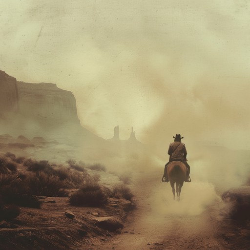 Picture a vast, empty desert landscape with towering red rock formations and a blazing sun overhead. A lone cowboy on horseback rides slowly through the scene, his spurs jingling with each step. The music is slow and brooding, with a haunting melody that seems to drift on the hot, dry wind. The sound of a harmonica echoes in the distance, adding to the sense of isolation and loneliness