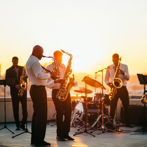 This exuberant jazz track blends the vibrant sounds of a spirited trumpet with energetic rhythms, encapsulating the essence of a golden summer evening. Ideal for creating an uplifting and lively atmosphere, the music resonates with joyous melodies and a bouncy rhythm that invites dance and celebration.