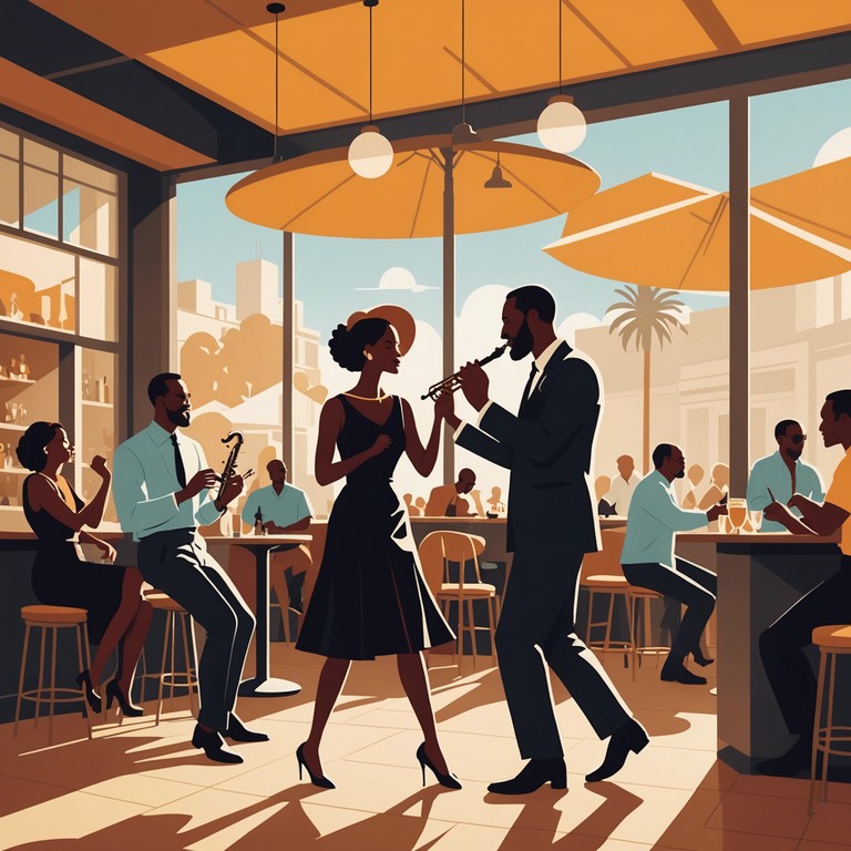 This track transports you to an animated street scene from a classic film where everyone is dancing under the sun with bright smiles, driven by an upbeat trumpet melody and the classic swing rhythm.