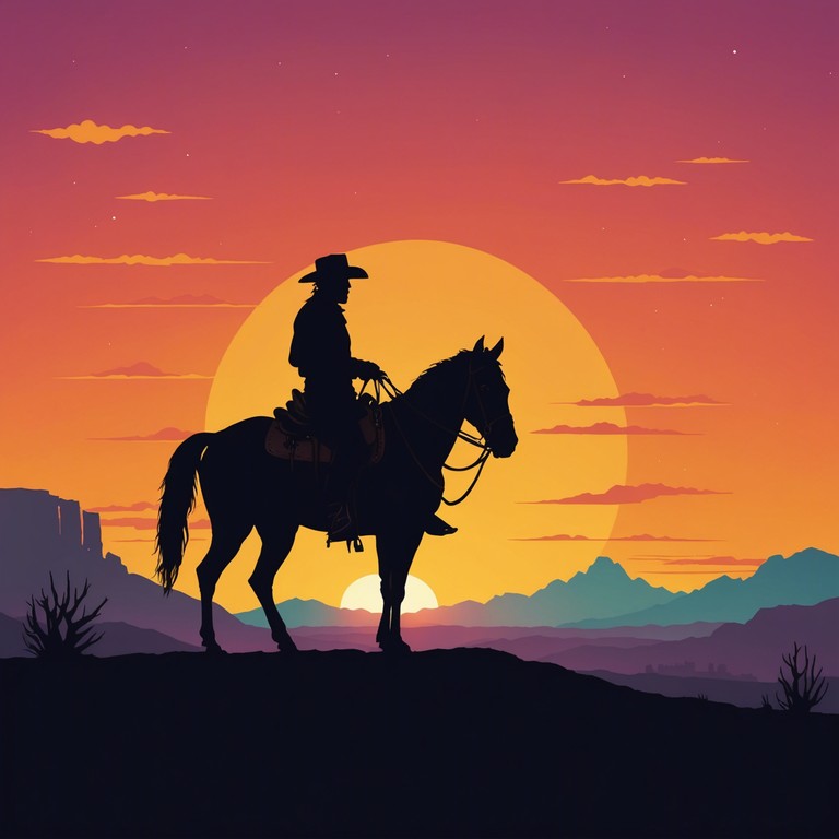 This track evokes the feeling of a lone cowboy journeying through a stark, expansive desert as the sun sets, casting long shadows and painting the sky in hues of orange and red. The music is reflective and poignant, capturing both the beauty and the isolating vastness of the western frontier.