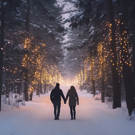 A gentle instrumental piece that weaves together soft piano melodies with subtle strings, evoking the tender moments shared between lovers amidst twinkling holiday lights and a snow covered landscape.