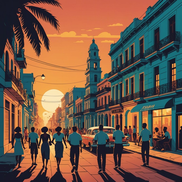 As dusk falls over vibrant havana, imagine guitars tenderly conversing with local rhythms in a scene where notes swirl like warm winds, capturing latin jazz in its most freeing and embracing form. Pulse and passion unite in an eternal dance, celebrating liberation through music, sparking a cascade of free flowing rhythms that paint vibrant scenes of cuban streets and spirited gatherings.