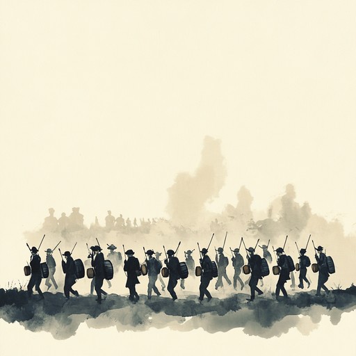 This piece uses powerful drum lines to evoke a sense of intensified military preparation and synchronized energy, perfect for a battle setting. The pulsating rhythm of the snare and bass drums mirrors the disciplined pace of soldiers marching confidently towards their mission, embodying the indomitable spirit of the military.