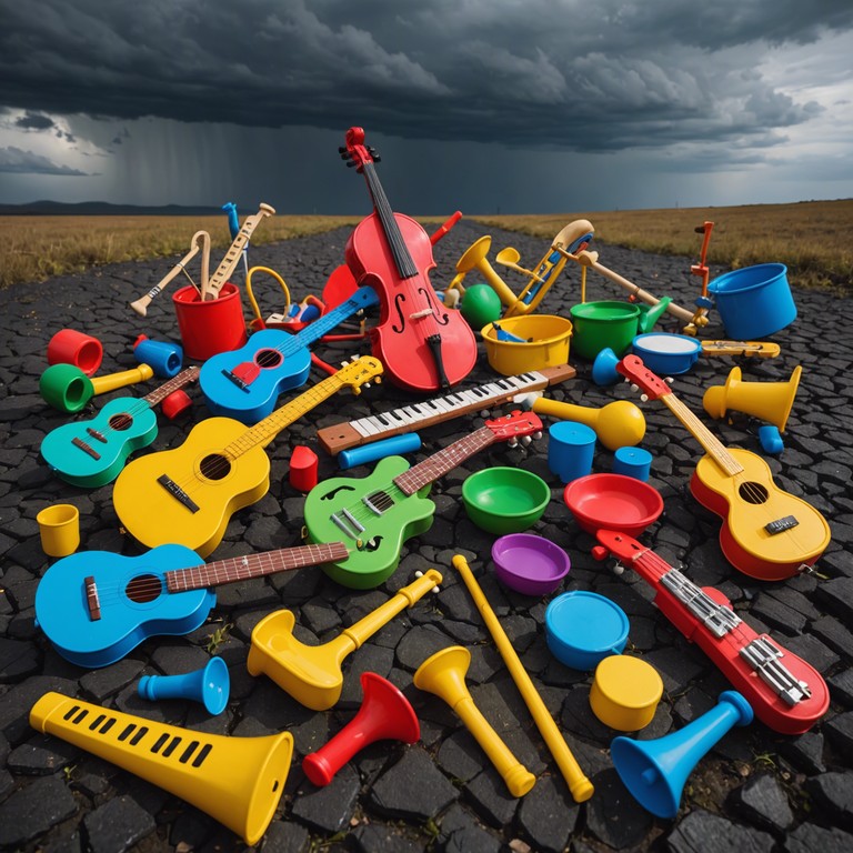 In this unique composition, traditional children's toy instruments are repurposed to create an aggressive, high energy symphony that challenges the conventions of music genres. The song transcends simple melodies, layering sounds in complex, intense patterns that harness the raw, unfiltered energy of improvisational play combined with striking rhythmic precision.