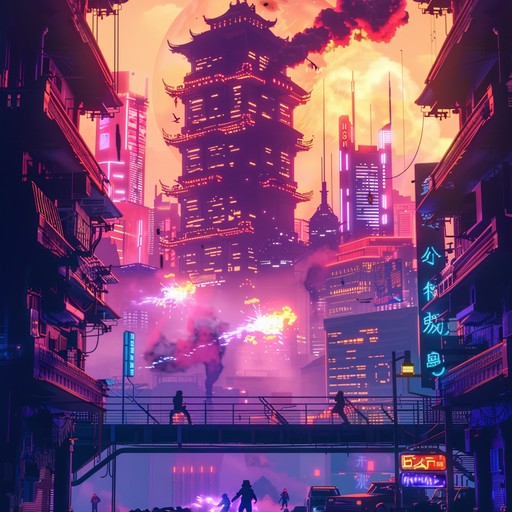 Dive into a neon lit cityscape with this intense instrumental, embodying the frantic pace and high energy of anime battle scenes. Synth and electric guitar explode in an intricate, fast paced duel, building tension and excitement through rapid tempo and dynamic changes.