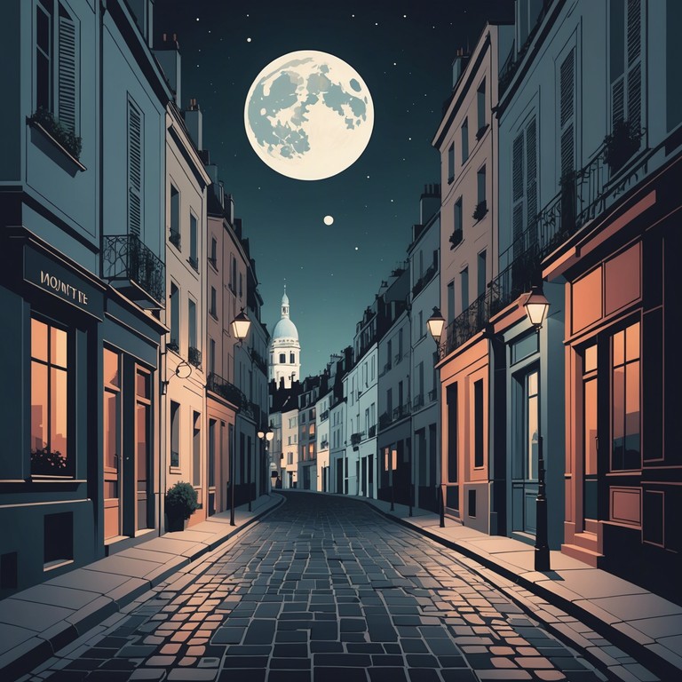 A moonlit scene in the charming district of montmartre, featuring gentle piano music that wraps the night in a cloak of romance and mystery. The atmosphere is charged with a quiet, elegant energy that reverberates softly around the cobblestone streets, as if the city itself were composed and then played in the key of love.