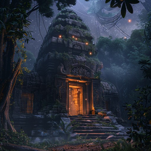 A captivating blend of deep dubstep basslines and tribal percussion, evoking the ritualistic ambiance of a mystical temple hidden within an enchanted cosmic jungle.