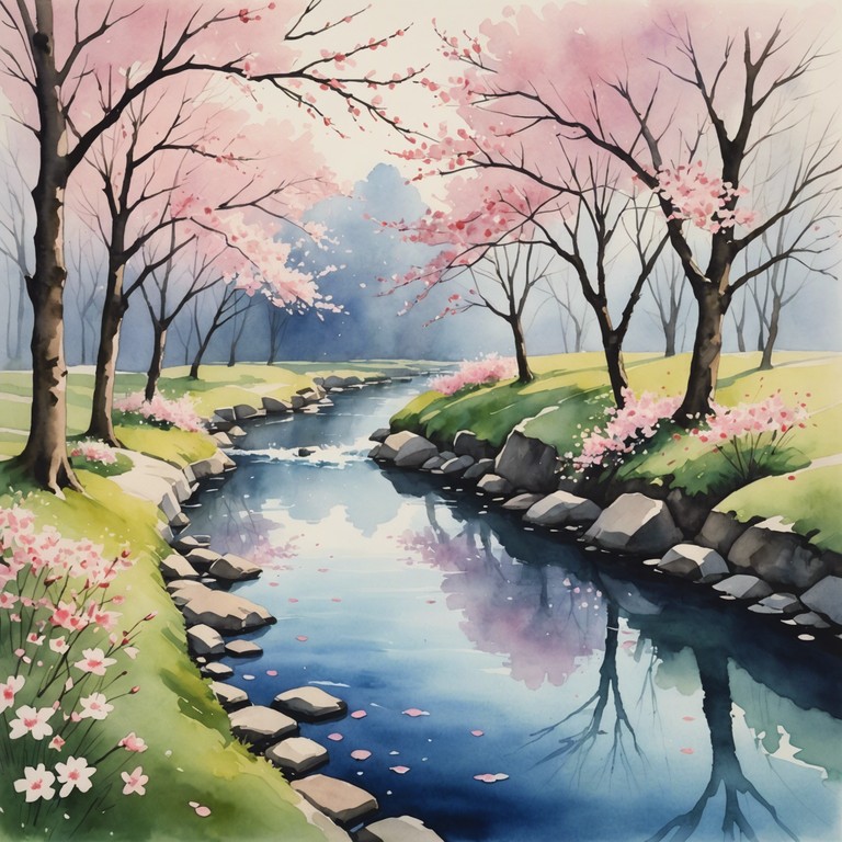 The music serves as a tranquil escape to a spring day in japan, where the beauty of cherry blossoms creates a meditative atmosphere perfect for relaxation and introspection