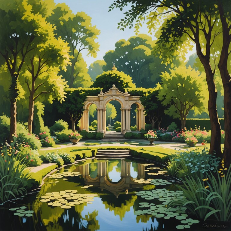 This composition embarks on a tranquil journey through the grand halls and serene landscapes of the 17th century, enveloping the listener in soft, harmonious tones that resonate with timeless elegance. The piece skillfully weaves gentle harpsichord notes with a backdrop of whispering winds, evoking images of peaceful, sunlit gardens and opulent courtly life, perfect for soothing the mind and uplifting the spirit.