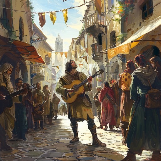 This piece captures the spirit of a vibrant troubadour performing in a bustling medieval marketplace. The acoustic guitar strums energetically, conjuring images of lively crowds, colorful costumes, and joyous dancing. The cheerful and spirited tempo invites listeners to revel in the festive atmosphere, reminiscent of ancient times filled with music and merriment.