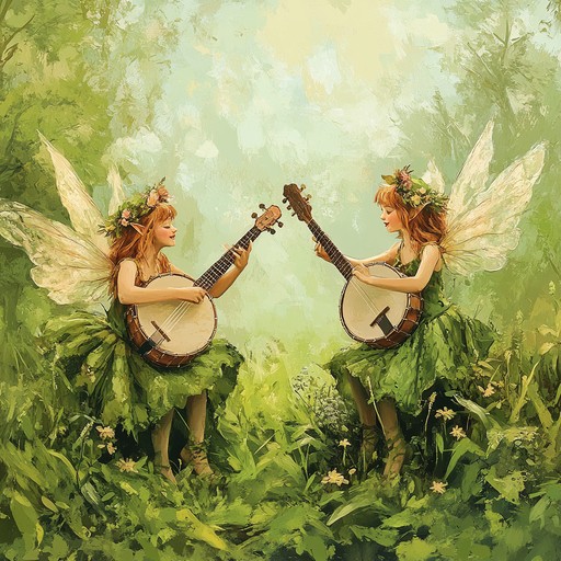 Picture a whimsical journey through the enchanted meadows where fairies and nature dance to a lively bluegrass tune. The melody captures the essence of playful creatures and vibrant surroundings with its upbeat, folksy charm and intricate string plucking.