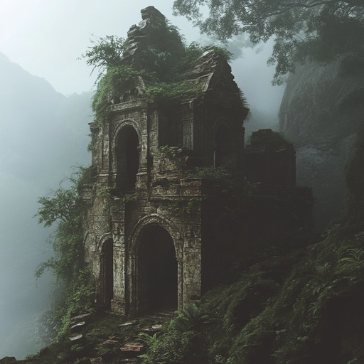 Ambient soundscapes capturing the eerie echoes of ancient, haunted ruins around the world, blending cultural elements and unnerving melodies to create an unsettling atmosphere