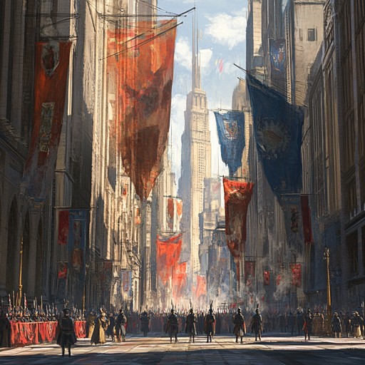 A stirring orchestral composition with majestic trumpets and bold percussion, celebrating the essence of liberty and unity. It captures moments of national pride and the unwavering spirit of freedom, creating an atmosphere of grandeur and inspiration.