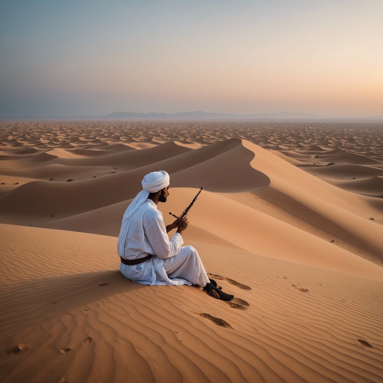 Experience a mesmerizing journey through ancient deserts with traditional flute melodies layered over the subtle sounds of shifting sands. This evocative piece transports listeners to a timeless space of contemplation and serenity, embodying the spirit of the desert's vast and mystical landscape.