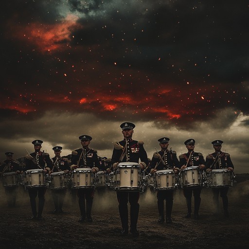 An intense drum composition with heavy, thunderous beats that echo the determination and might of soldiers heading into conflict.