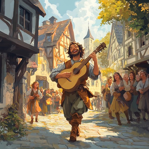 An upbeat and cheerful instrumental piece that captures the spirit of a joyful troubadour journeying through medieval landscapes, playing lively tunes that uplift and delight listeners. The melody brings together rustic lute strumming and joyous rhythms, evoking images of festive gatherings and open roads.