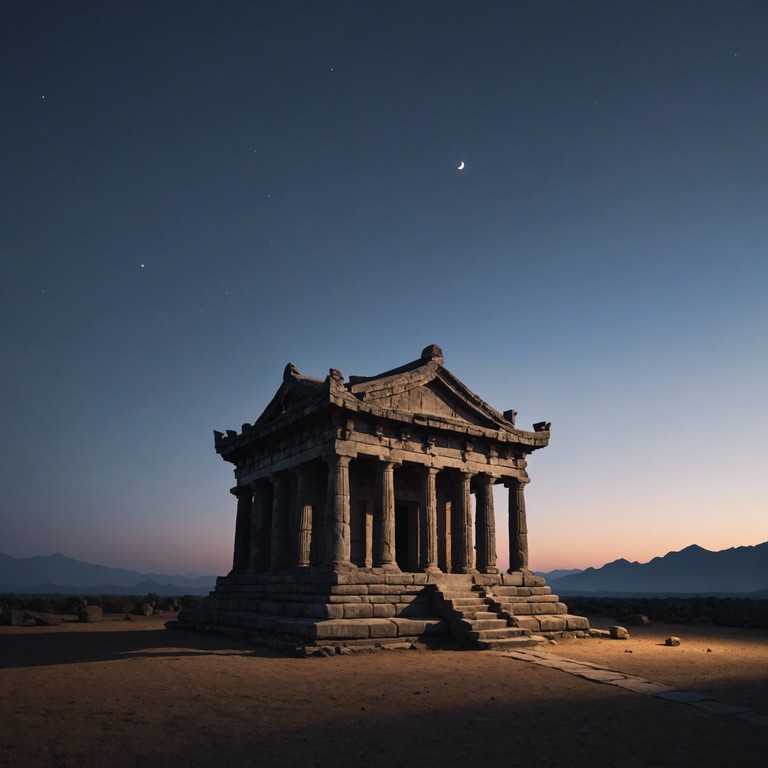 Imagine standing amidst the ruins of an ancient civilization at dusk, where soft melodies echo the mystical and solemn ambiance through the abandoned temples. The music paints a picture of grandeur that once was, blending reverence with a haunting beauty.