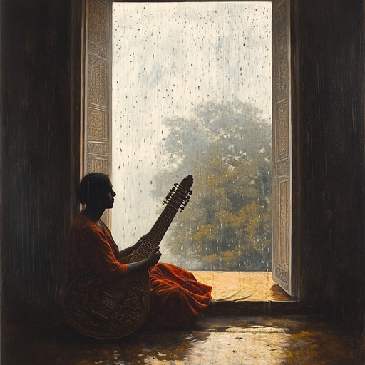 An intricate sitar solo mirrors the rhythmic patter of rain, symbolizing renewal and the sweeping away of past airs, embodying the spirit of the monsoon as both a literal and metaphorical cleanser in indian culture