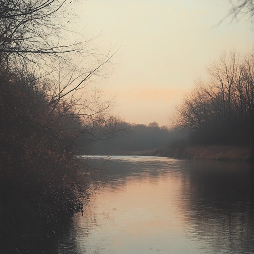 A nostalgic blend of acoustic guitar melodies capturing bittersweet reflections by a peaceful riverbank at sunset, evoking a sense of both loss and hope in the timeless spirit of americana