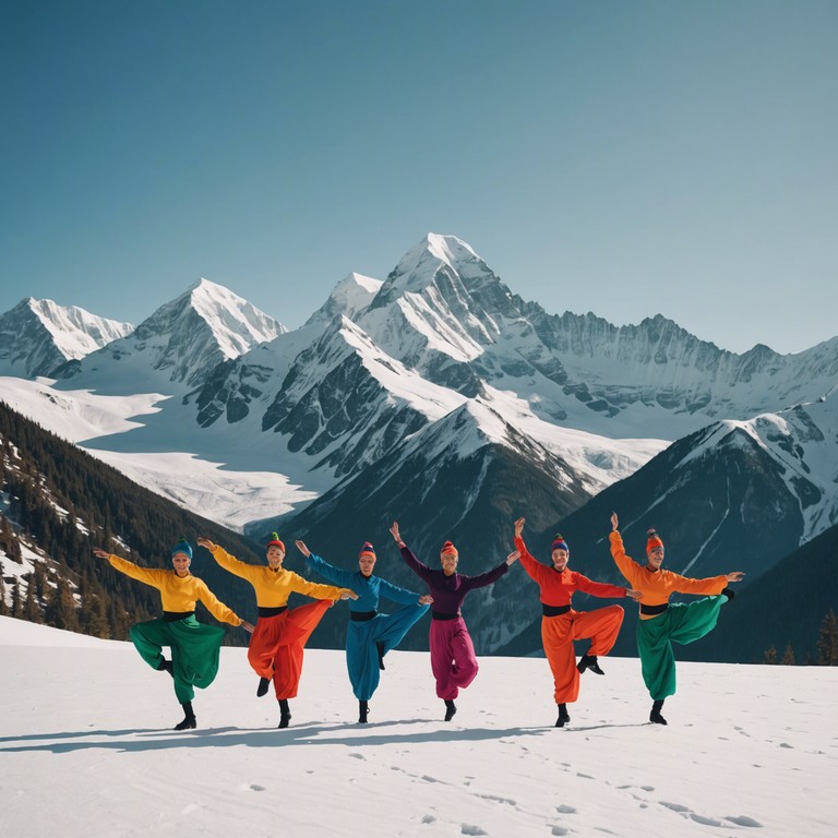 Imagine a scenic blend of cold appalachian mountains with the colorful festivities of a punjabi bhangra dance, reflected through a joyous tune that combines the twang of a banjo with the rhythmic beats of a tabla.