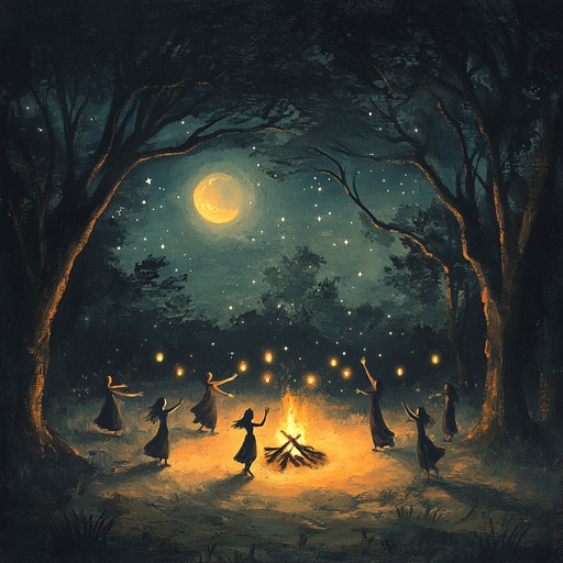 An instrumental dark folk piece combining haunting melodies with festive rhythms, evoking a mysterious celebration under moonlight in an ancient forest. Traditional instruments blend with deep, resonant tones to create an enchanting yet unsettling atmosphere.