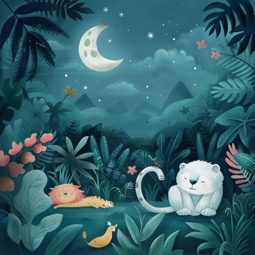 A serene nursery tune that combines calming tropical melodies with tranquil sounds of forest animals, creating a perfect bedtime atmosphere. Gentle percussion and natural ambient sounds promote a peaceful and dreamy state.