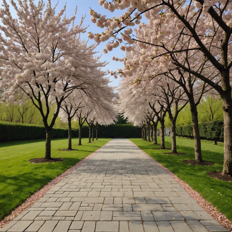 Imagine a gentle, soothing composition that captures the essence of a quiet, serene afternoon under blooming cherry blossoms in a secluded garden. Soft piano notes replicate the delicate fall of sakura petals, creating a tranquil and picturesque auditory scene ideal for relaxation and reflection.