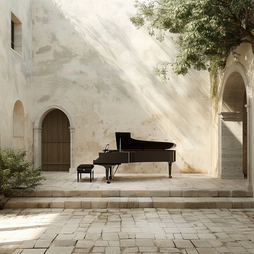 An intricate harpsichord melody accompanied by lush string arrangements, captures the refined, contemplative ambiance of a baroque courtyard, inviting introspection.