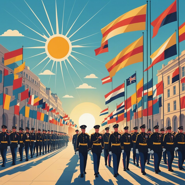 An uplifting composition that uses the trumpets to create a lively atmosphere, reflecting the pride and unyielding spirit of a military parade under a hopeful, clear sky.