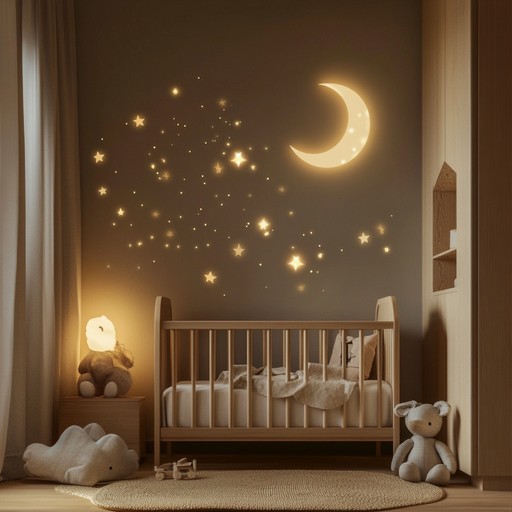 A gentle and whimsical nursery rhyme, capturing the serene essence of moonlit nights and loving parental comforts, invoking a peaceful sleep.