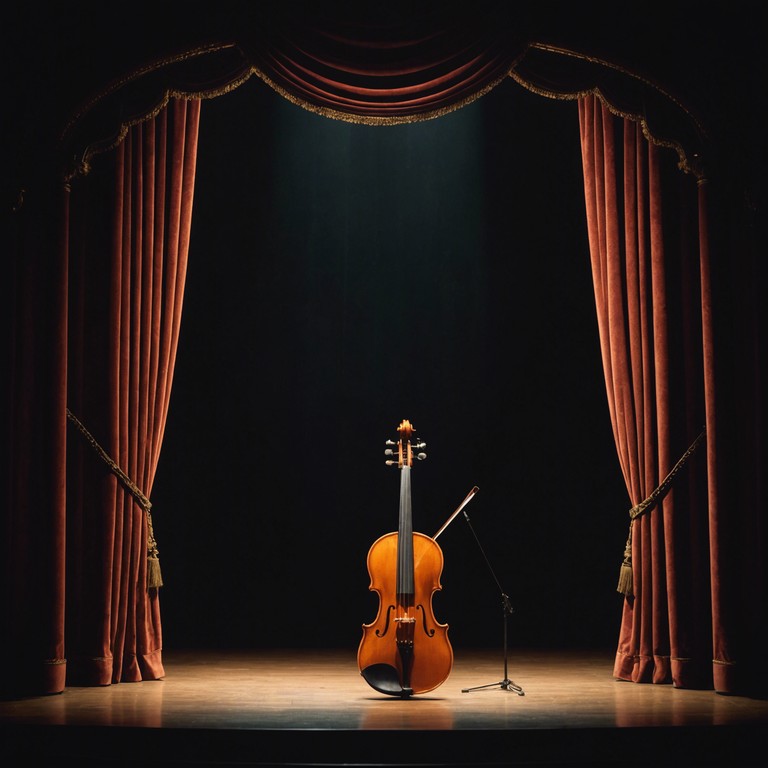 In a grand opera house, the delicate interplay of lyrical violin harmonies echo with the grace of ancient tales, evoking emotions of love and ethereal beauty. The composition melds traditional opera with contemporary sensibilities, creating a seamless flow of melodious storytelling expressed through the strings of a lone evocative violin