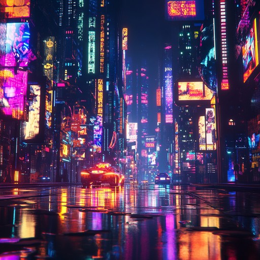 A dynamic track featuring pulsating synth beats and futuristic cyberpunk soundscapes, perfect for evoking confidence and technological edge in a neon glow urban setting.