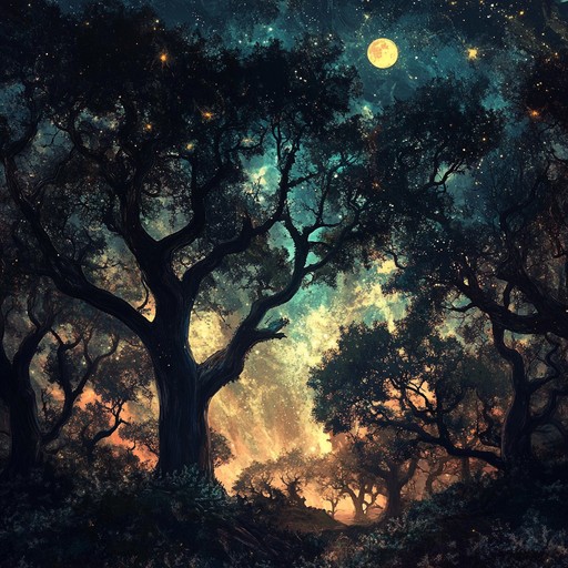 An instrumental piece blending acoustic folk melodies with experimental psychedelic sounds, evoking a mystical journey through ancient forests under starlit skies.