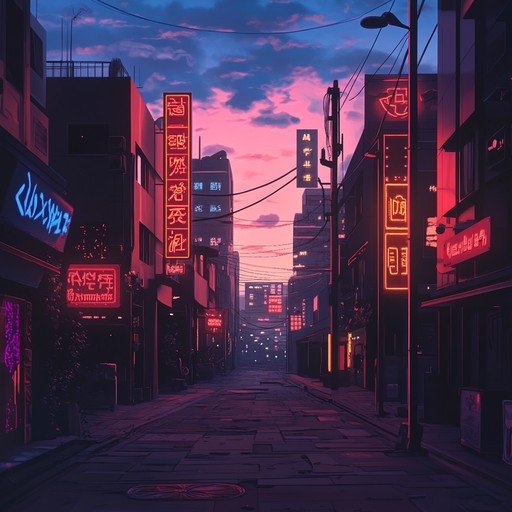 Submerge in an ambient cyberpunk world with serene synthesizers and gentle electronic hums, casting a peaceful aura over a neon lit cityscape.