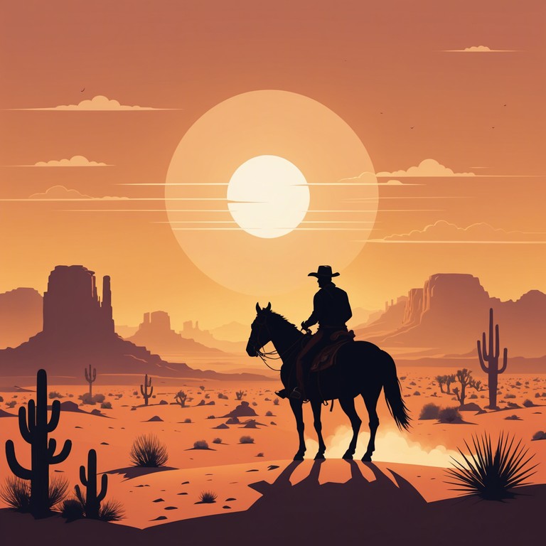 This track captures the essence of a riveting ride through a mystical desert at sunset, combining elements of classic western sounds with ecstatic moods. The music swells and dances, reflecting the expansive beauty of the horizon lit in hues of orange and pink. The composition melds raw, energetic beats with the soothing yet electrifying sounds of a steel guitar, evoking feelings of freedom, adventure, and joy. The track builds up to a breathtaking crescendo, echoing the vast, open wild of the west.