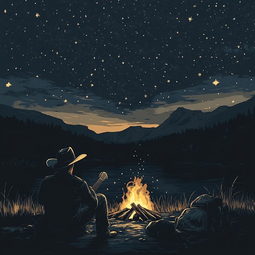 A sorrowful yet hopeful journey through the western plains, featuring eloquent guitar strings and harmonious harmonica, painting a vivid picture of a solitary cowboy grieving and dreaming under star filled skies.