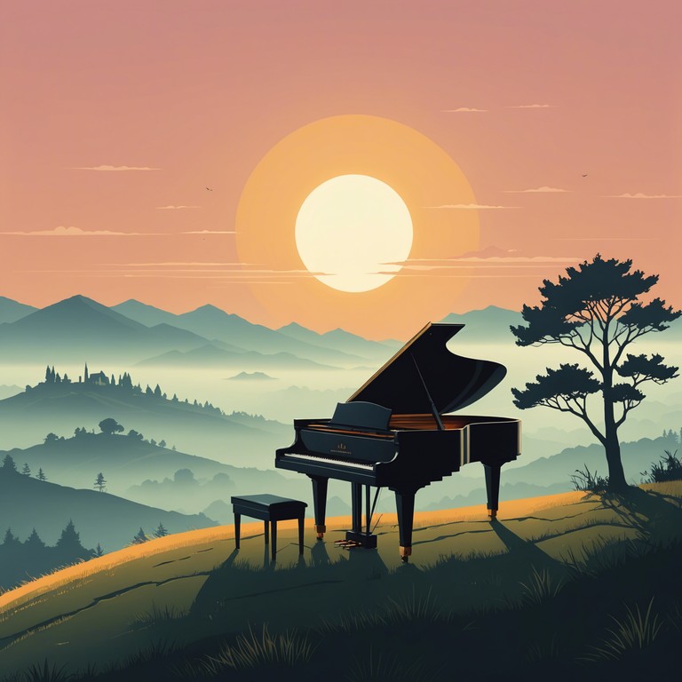 Imagine a soft piano melody starting quietly, gradually layering with strings, brass, and wind instruments as it mimics the rising sun, unfolding a powerful crescendo that evokes a sense of renewal and grandeur, perfect for reflecting on new beginnings or personal growth.