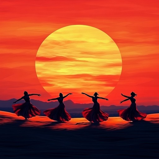 Envision a lively dance session as the sun sets over an expansive desert, filling the air with a vibrant mix of traditional middle eastern music and energetic dance rhythms. The fusion of oud melodies and modern beats creates an infectious groove that electrifies the atmosphere. Ideal for high energy activities or festive gatherings.